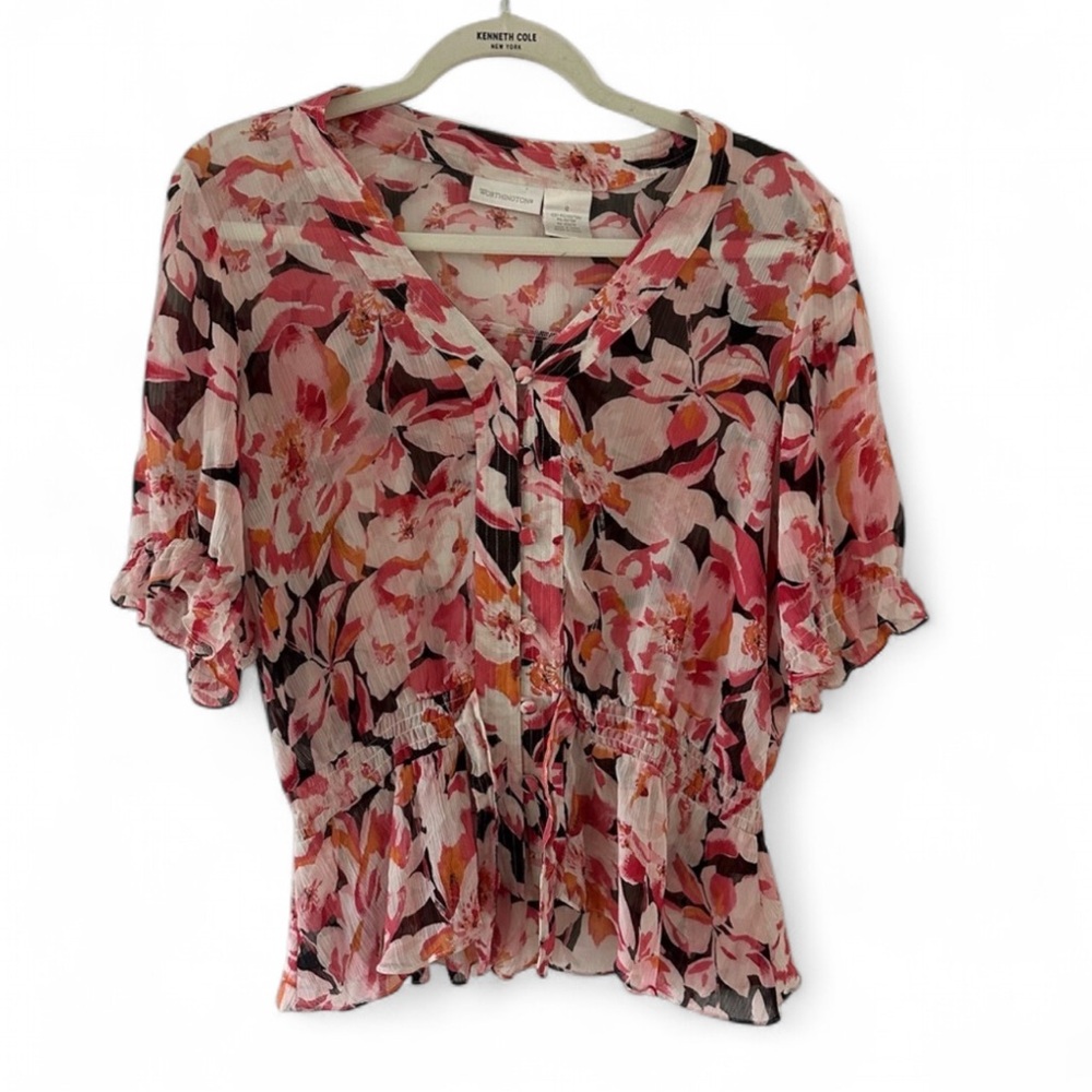 Worthington Flutter Sleeve Blouse in Pink and Black with Tie Front